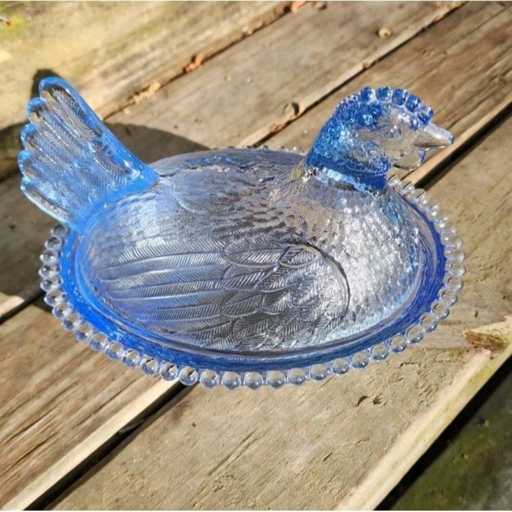VTG HON Blue Glass Hen on Nest Candy Trinket Dish Fairy Light Lamp 7" BEADED EDG